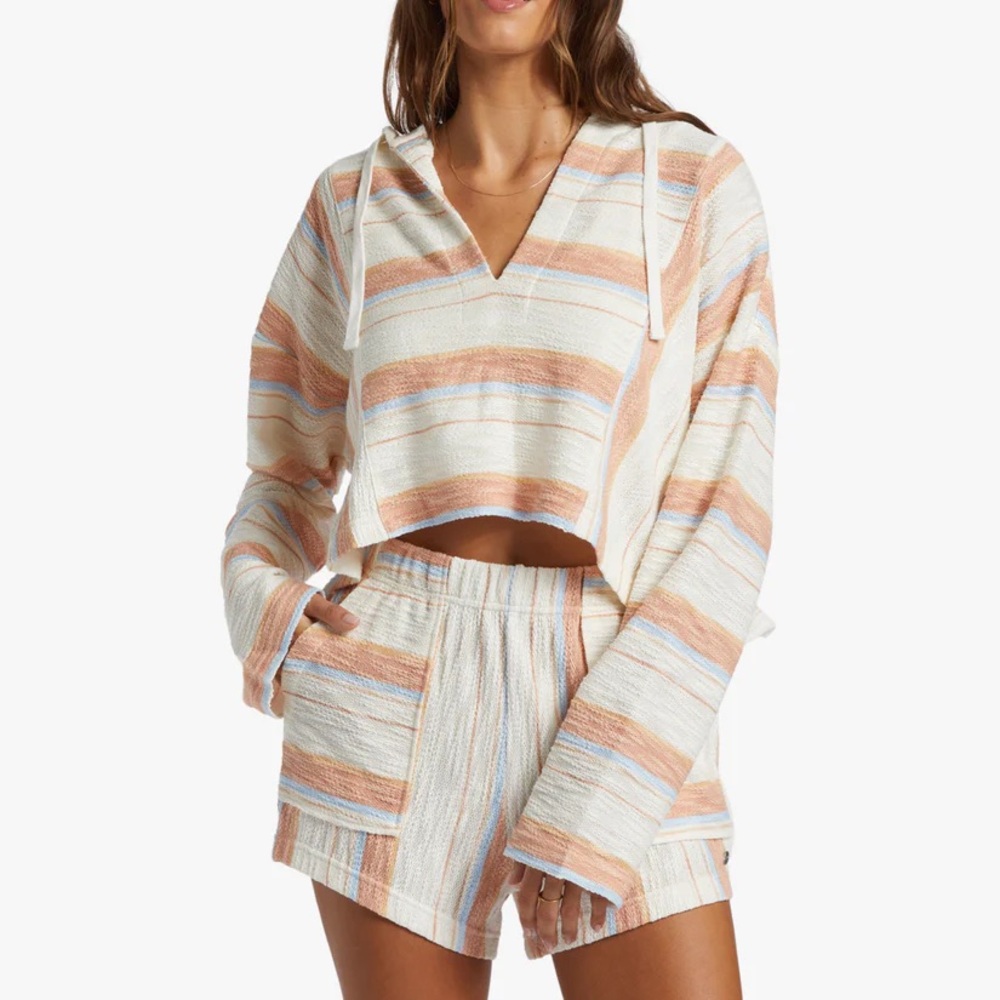 ROXY “Todos Santos” striped hooded poncho beach boho hippie coverup top L